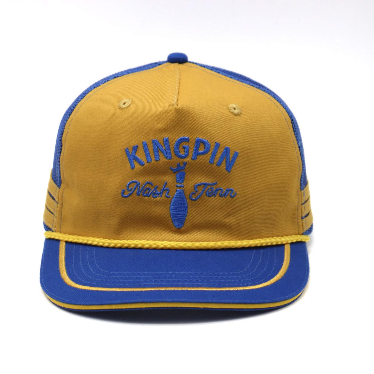 Embroidered Kingpin Trucker Hat Blue Yellow